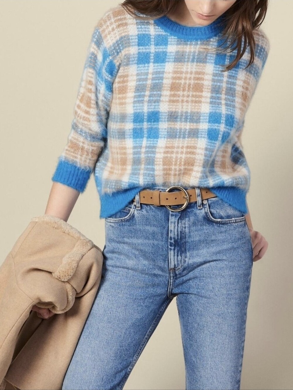 Sandro Womens Poesa Blue Plaid Mohair Blend Crewneck Sweater Size 1
